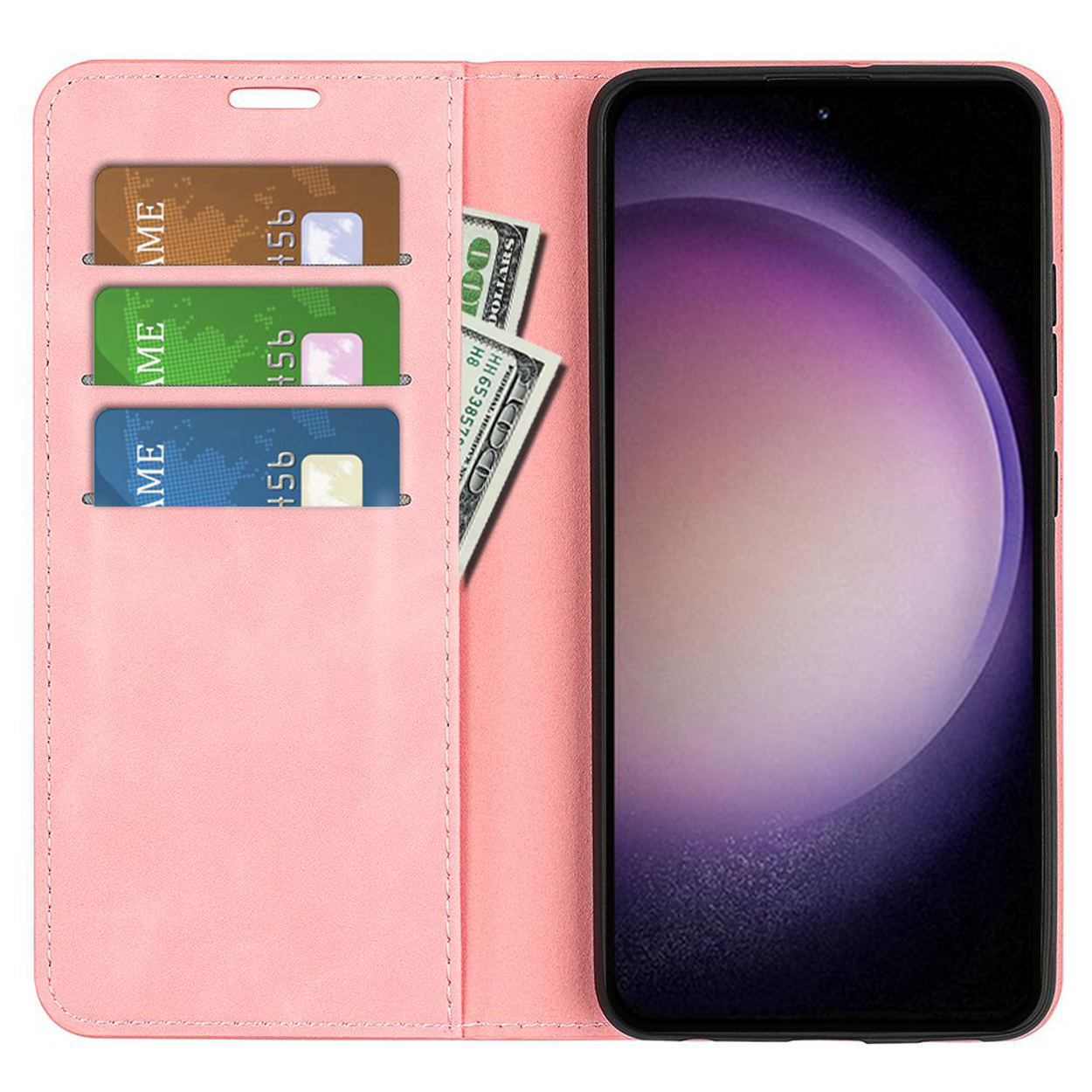 Étui portefeuille de téléphone rose, ouvert. Cartes et argent sont visibles. Le téléphone affiche un fond rose et violet.