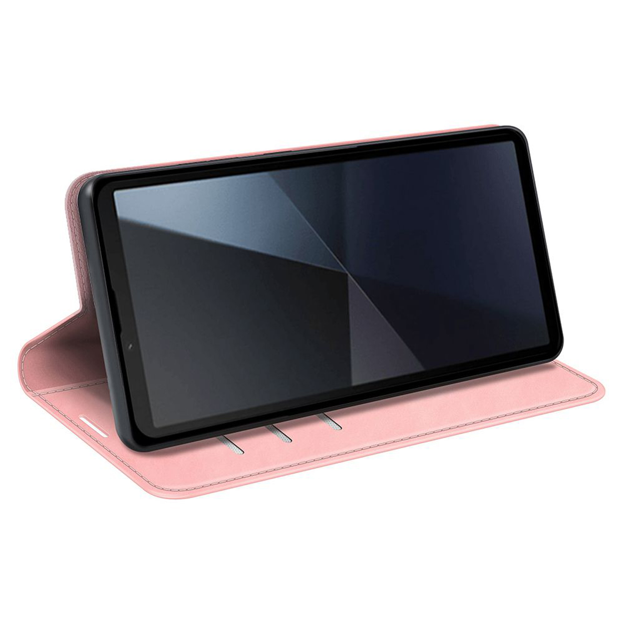 Roze tablethoes open, tablet erin. Scherm is zichtbaar, zwart.