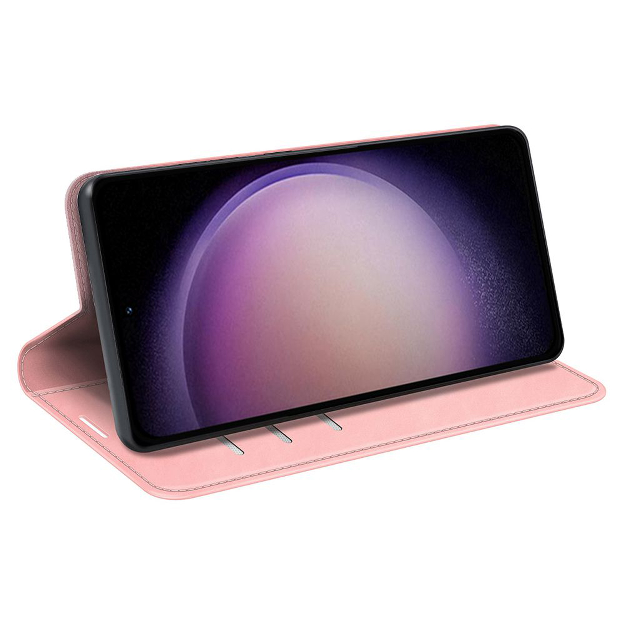 Étui de téléphone rose avec un téléphone affichant un dégradé rose et violet. L'étui est ouvert.