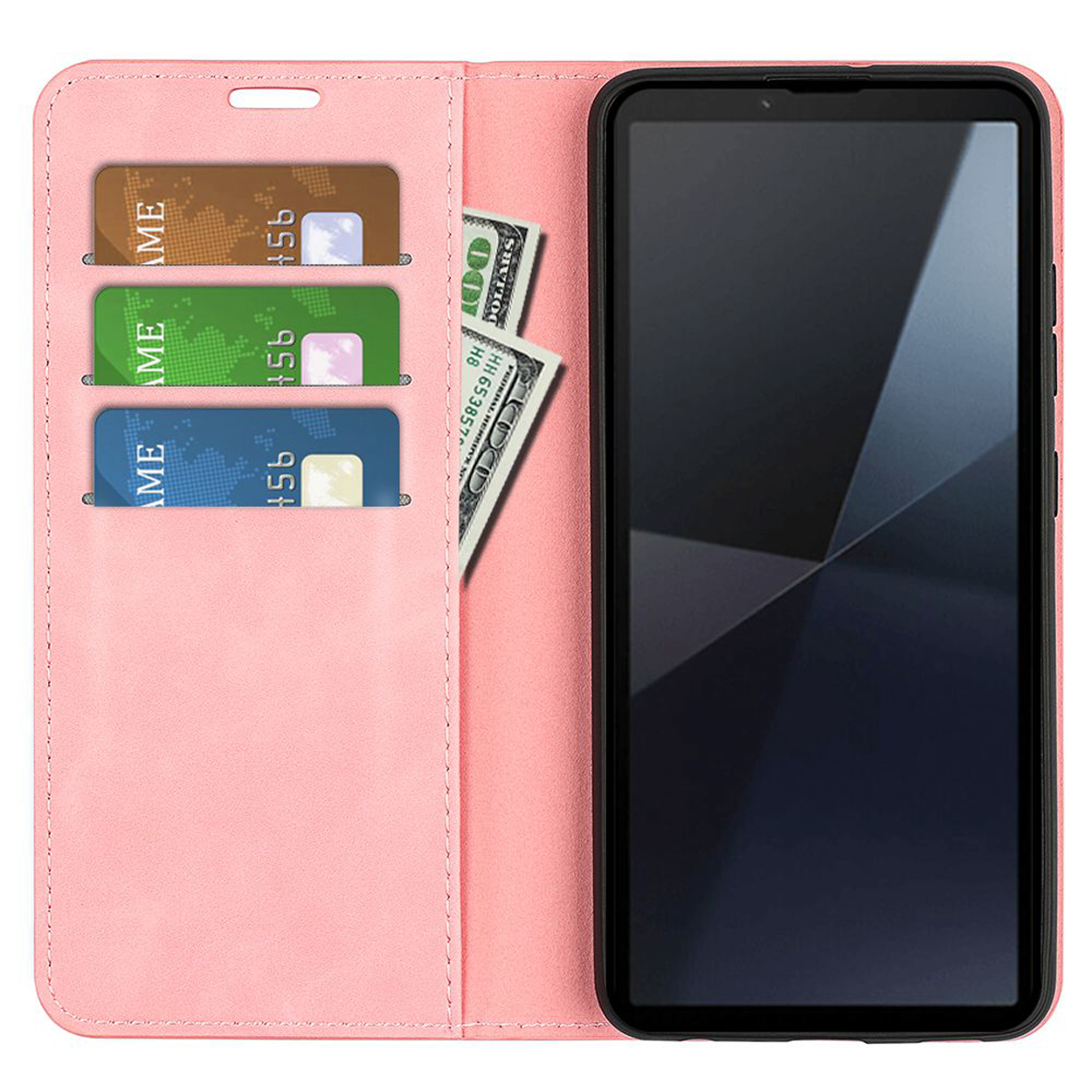 Roze portemonneehoes met kaarten en geld. Telefoon rechts.