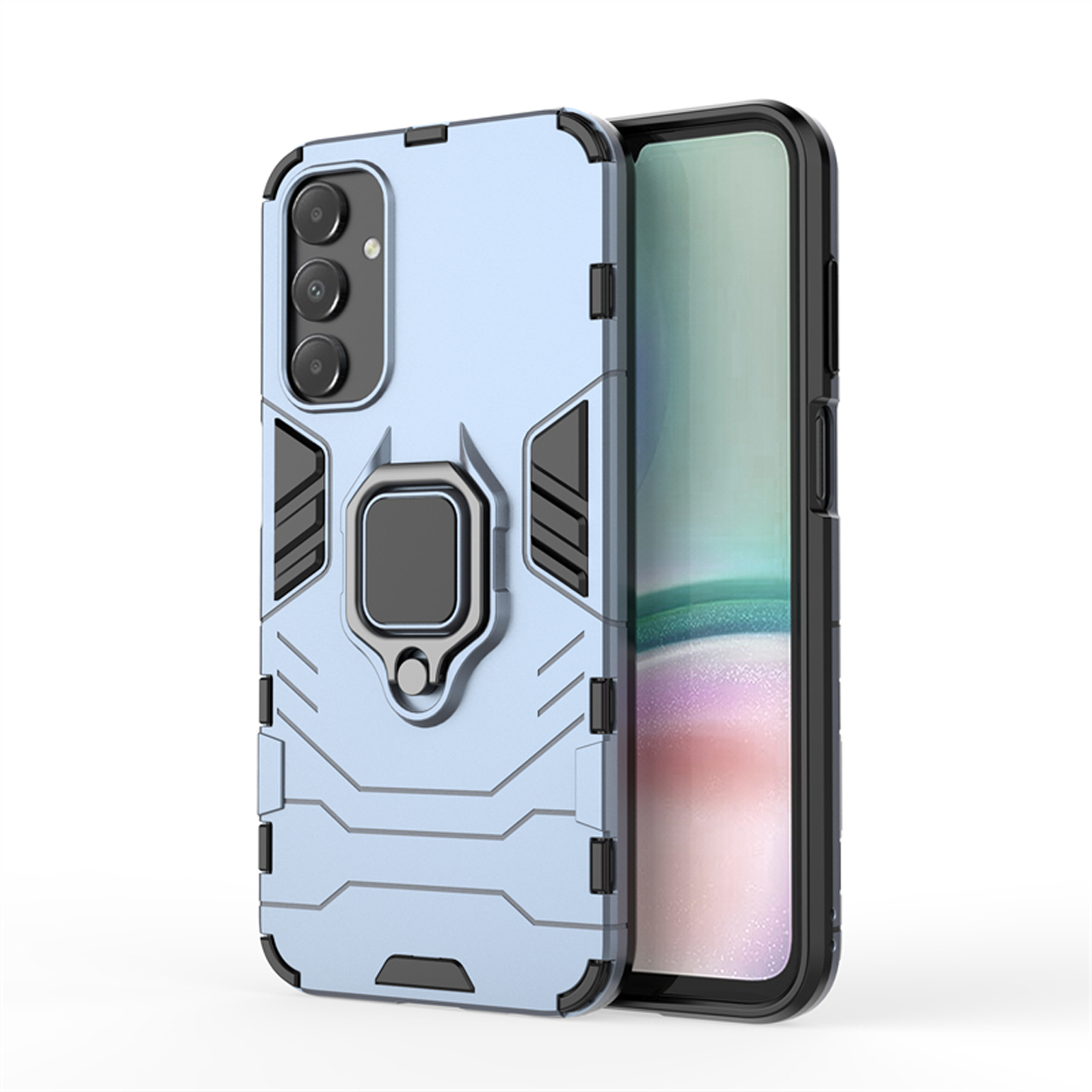 Coque de téléphone bleu clair avec support d'anneau. L'étui est sur une surface blanche.