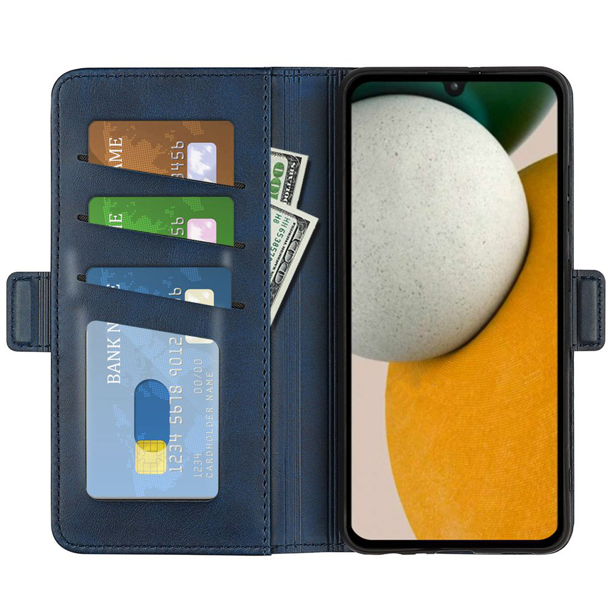 Blauwe leren telefoonhoes, met telefoon en kaarten. Geld en kaarten binnenin. Telefoon is zichtbaar.