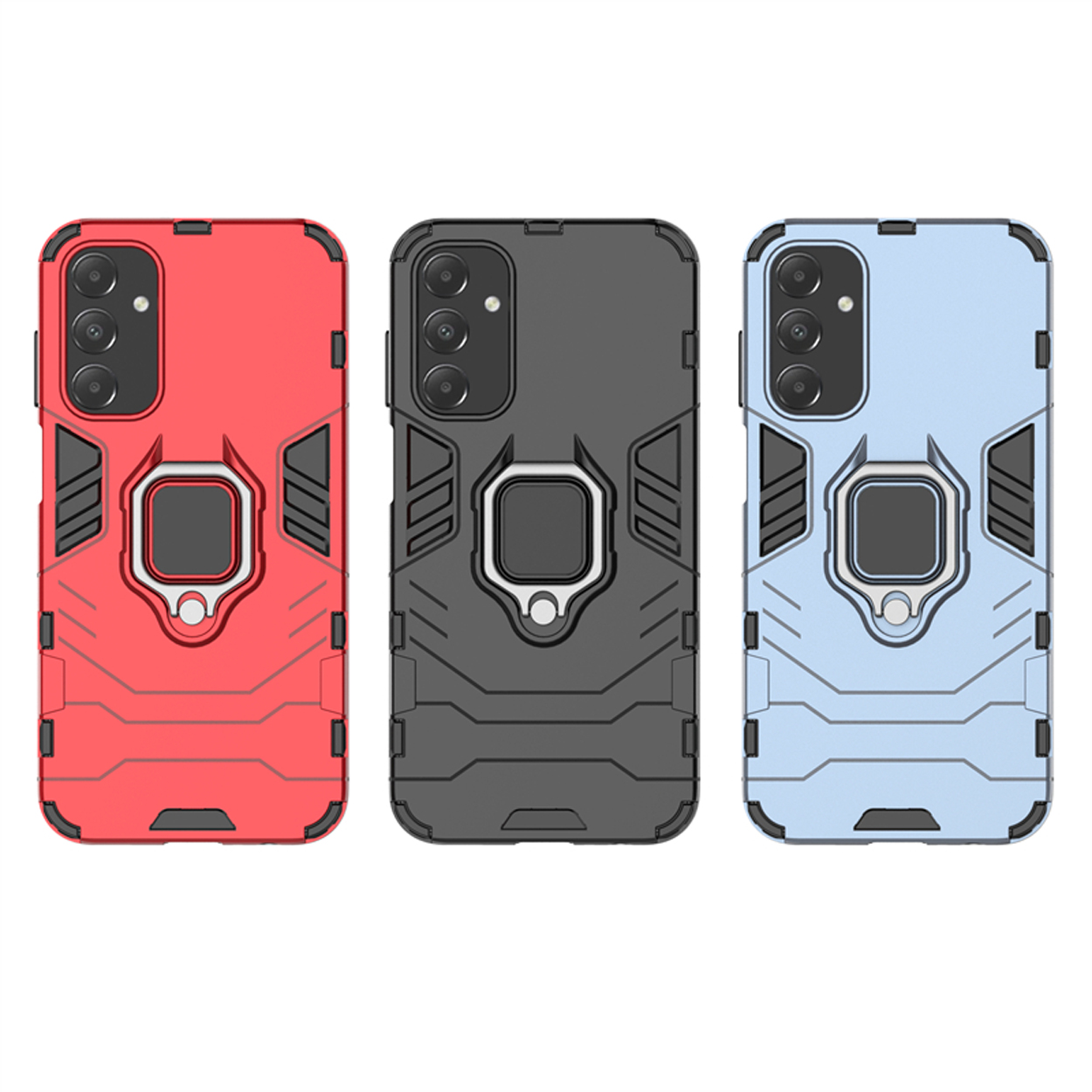 Drie telefoonhoesjes in rood, grijs en blauw. Elk heeft een ringhouder. Allemaal op een wit oppervlak.