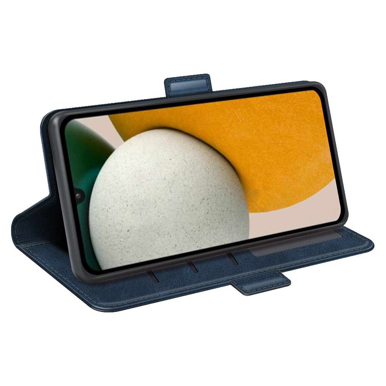 Blauwe telefoonhoes, open met een telefoon. Toont het scherm met een witte bol.