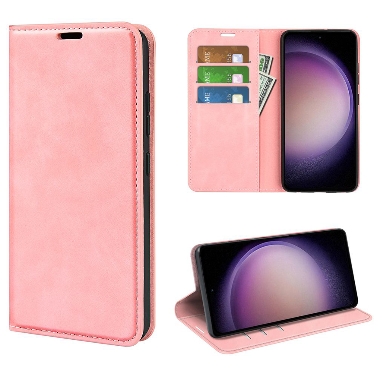 Étui de téléphone rose avec fentes pour cartes, argent et un téléphone à l'intérieur. Aussi en position ouverte.