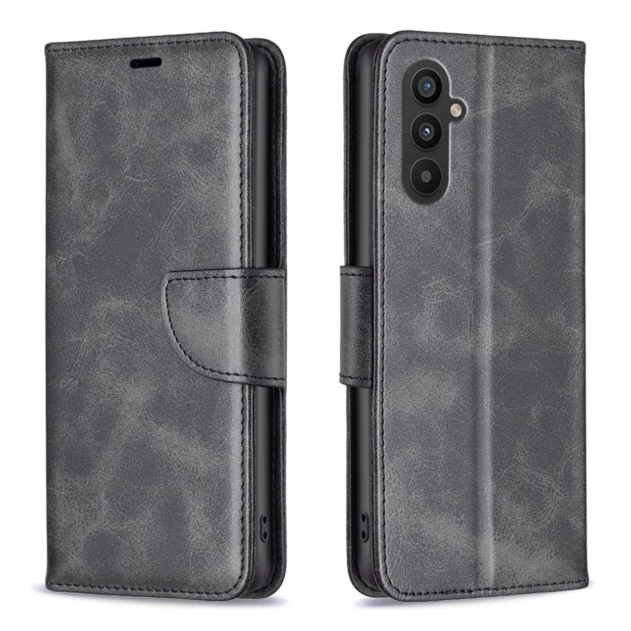 Twee grijze telefoonhoesjes, één open en één gesloten, voor een telefoon.