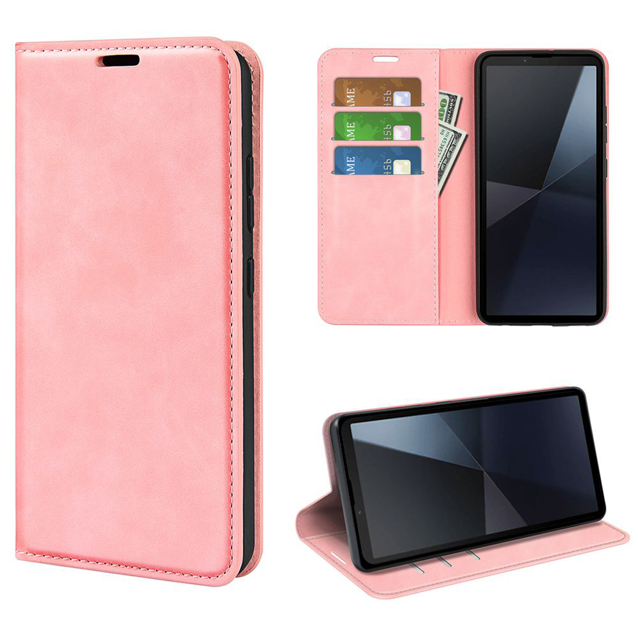 Een roze telefoonhoesje, met een telefoon en kaarten erin. De telefoon staat rechtop.