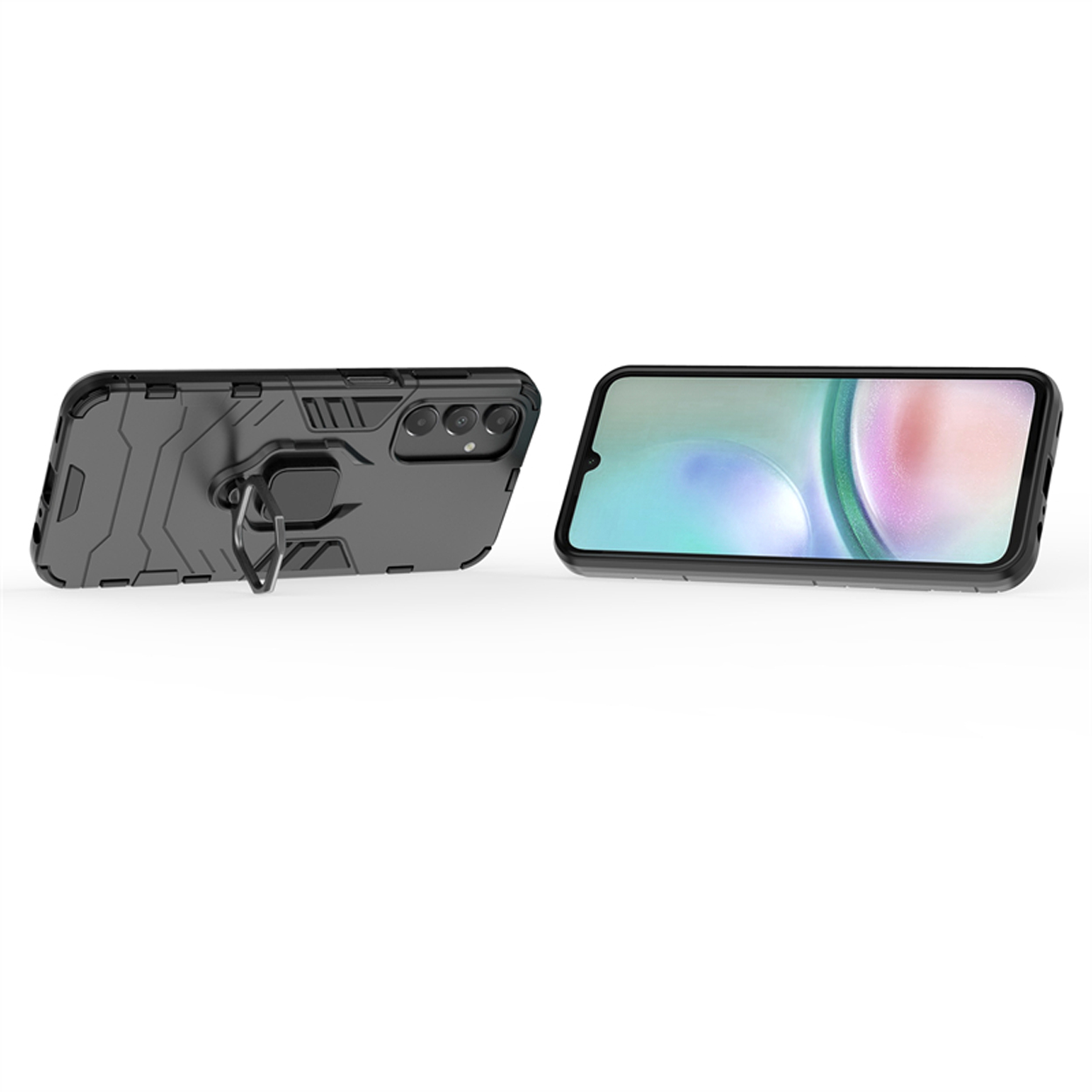 Zwarte telefoonhoes, met een ringhouder. Er wordt een telefoon naast de hoes getoond.