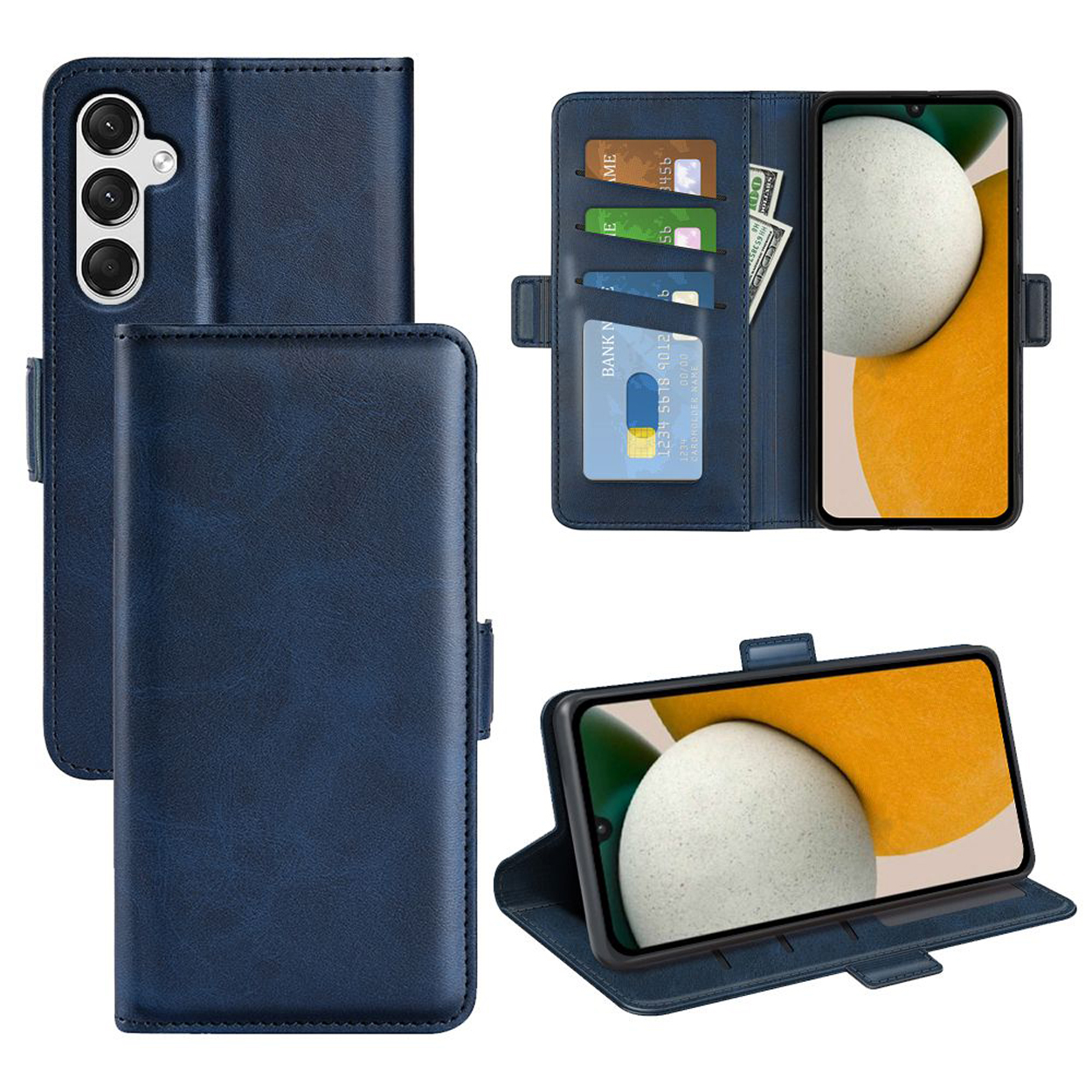 Donkerblauwe telefoonhoes open met kaarten en geld. Telefoon heeft een wit scherm met beige cirkel.