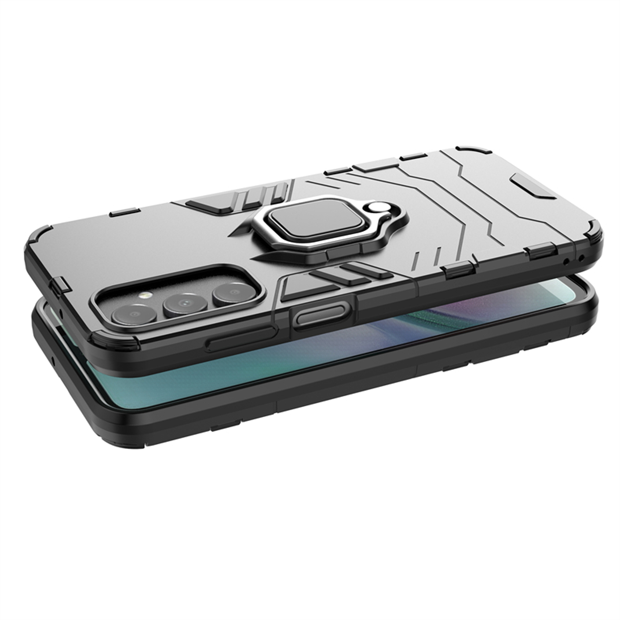 Telefoonhoesje met ringhouder, open om de telefoon binnenin te laten zien. De telefoon staat op een witte ondergrond.