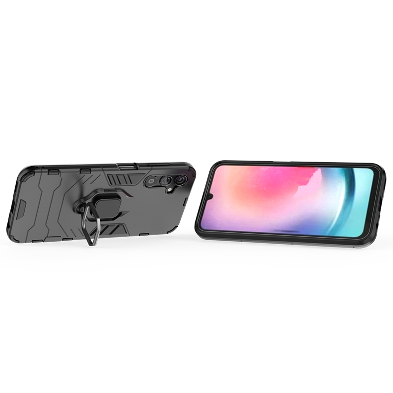 Zwarte telefoonhoes met ringhouder en een telefoon ernaast. Telefoon staat rechts. Hoes is getextureerd.