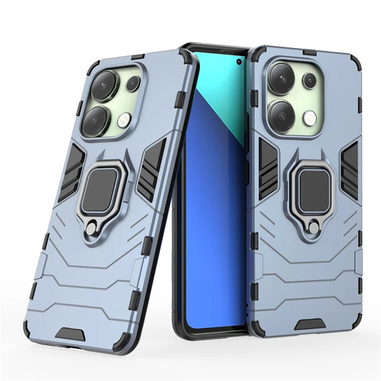 Étuis de téléphone bleus avec supports d'anneau. Les téléphones sont à droite. Étuis texturés.