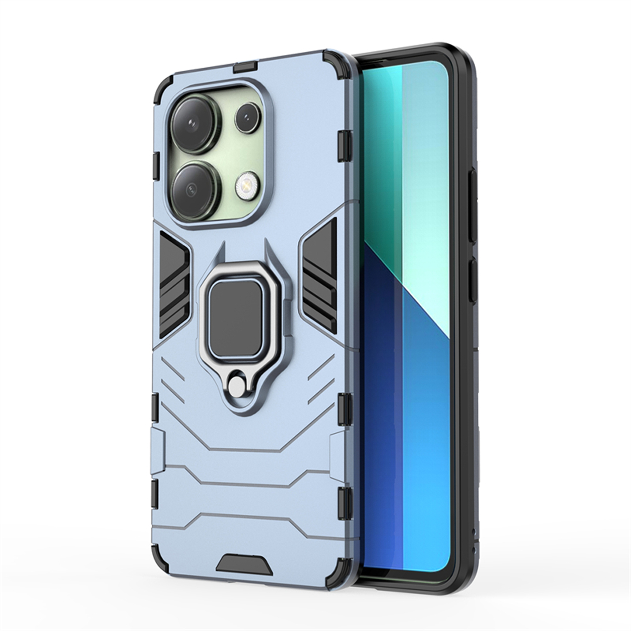 Coque de téléphone bleue avec support d'anneau argenté. Téléphone partiellement dans l'étui.