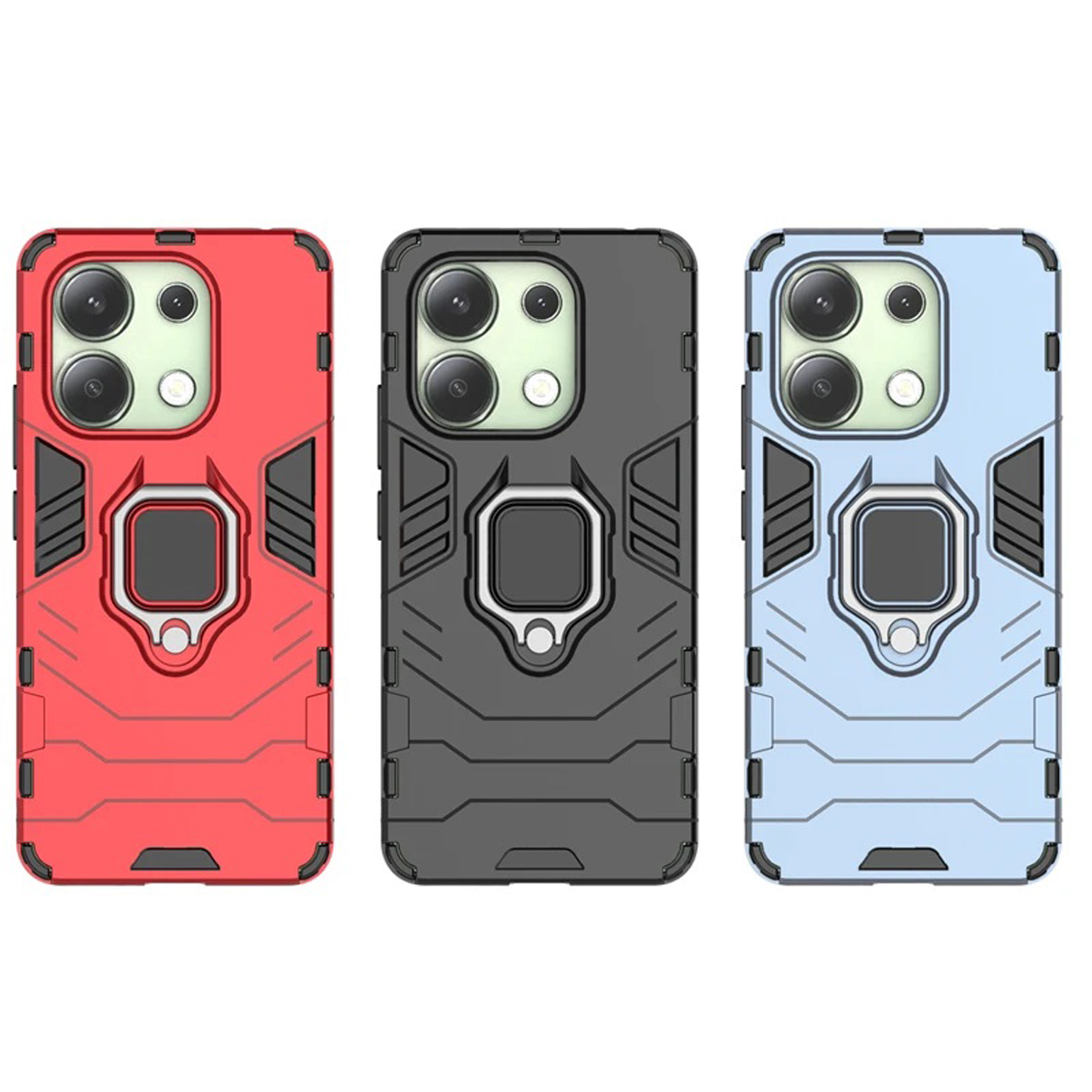 Trois coques de téléphone : rouge, grise et bleue. Chaque coque a un support d'anneau et une bosse pour l'appareil photo.