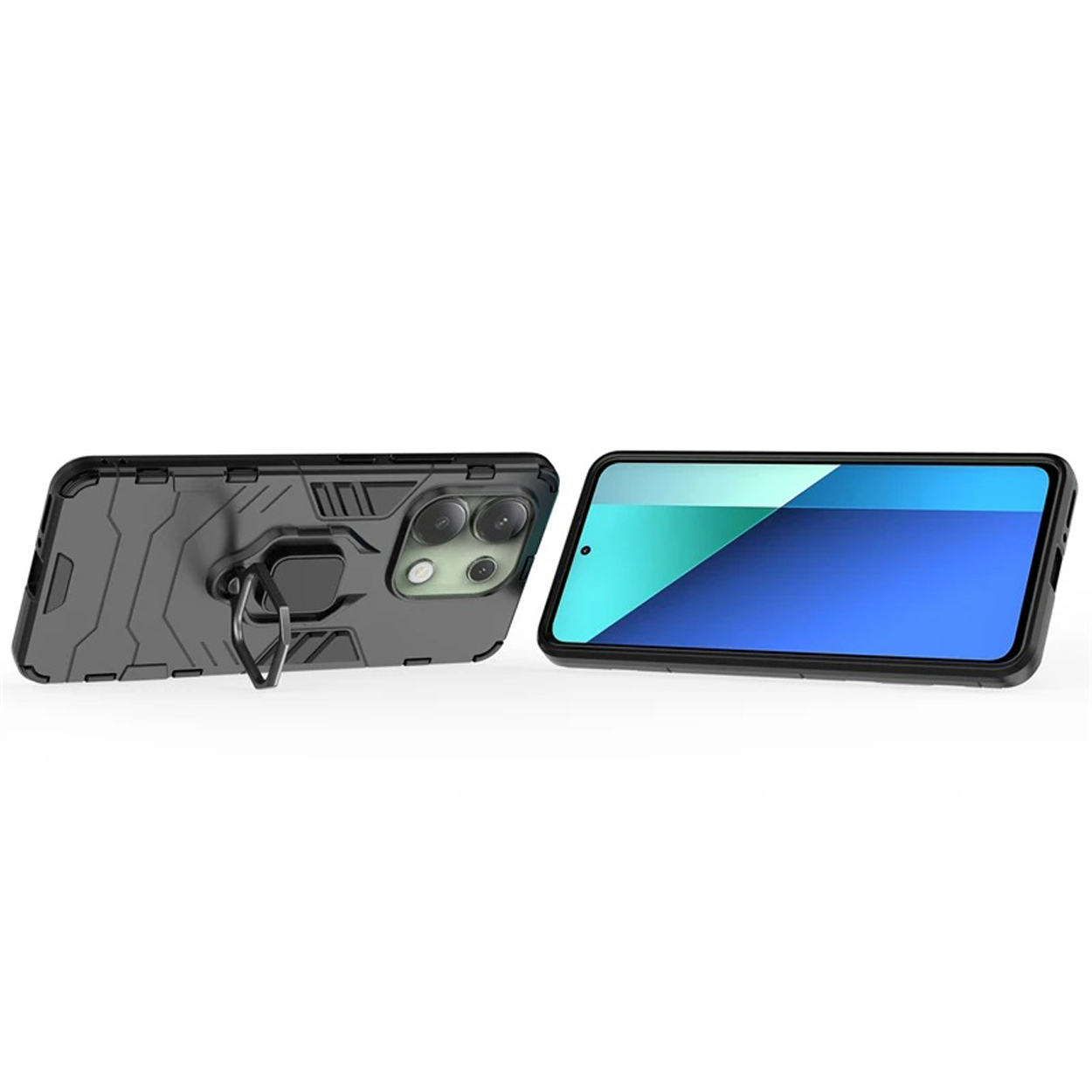 Coque de téléphone noire avec support de bague et téléphone. Le téléphone est à droite. Coque texturée.