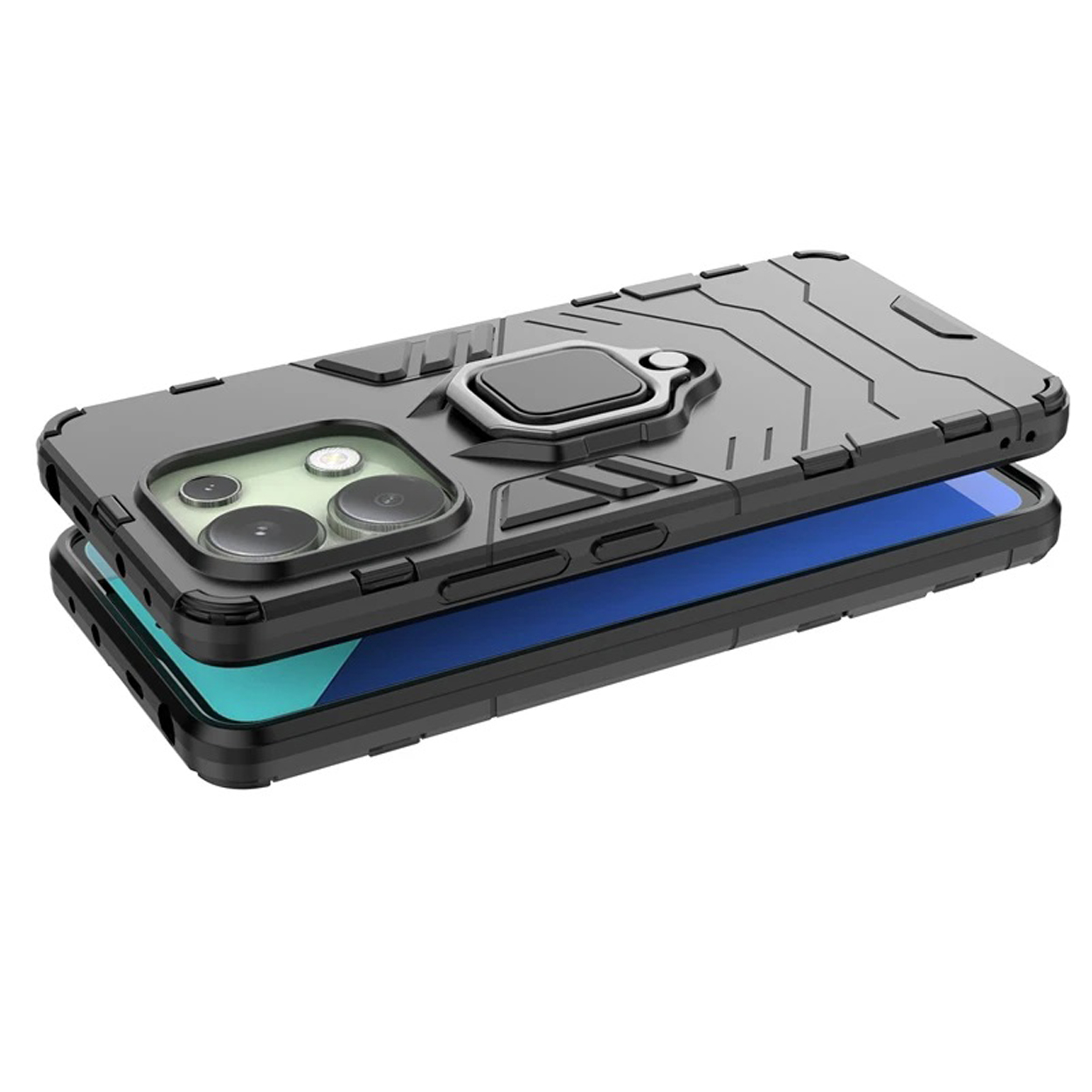 Une coque de téléphone, en noir, avec un support d'anneau et une protubérance de caméra, est au-dessus d'un téléphone.