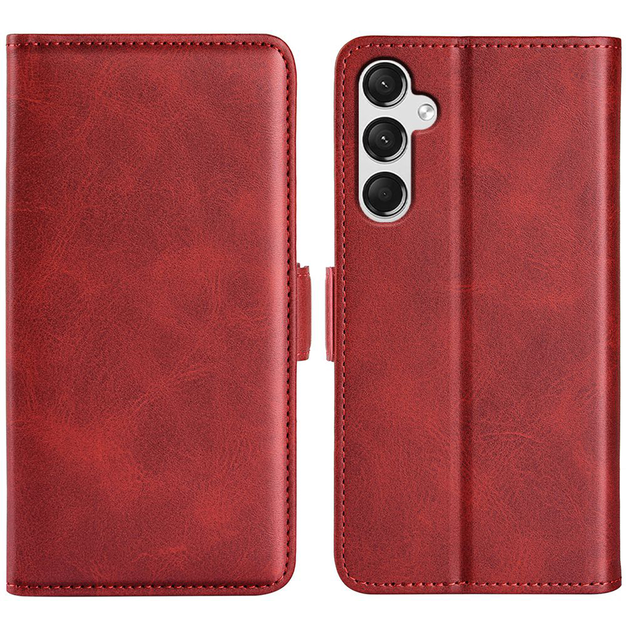 Coque de téléphone rouge, vues fermées et ouvertes. Montre la découpe de la caméra.