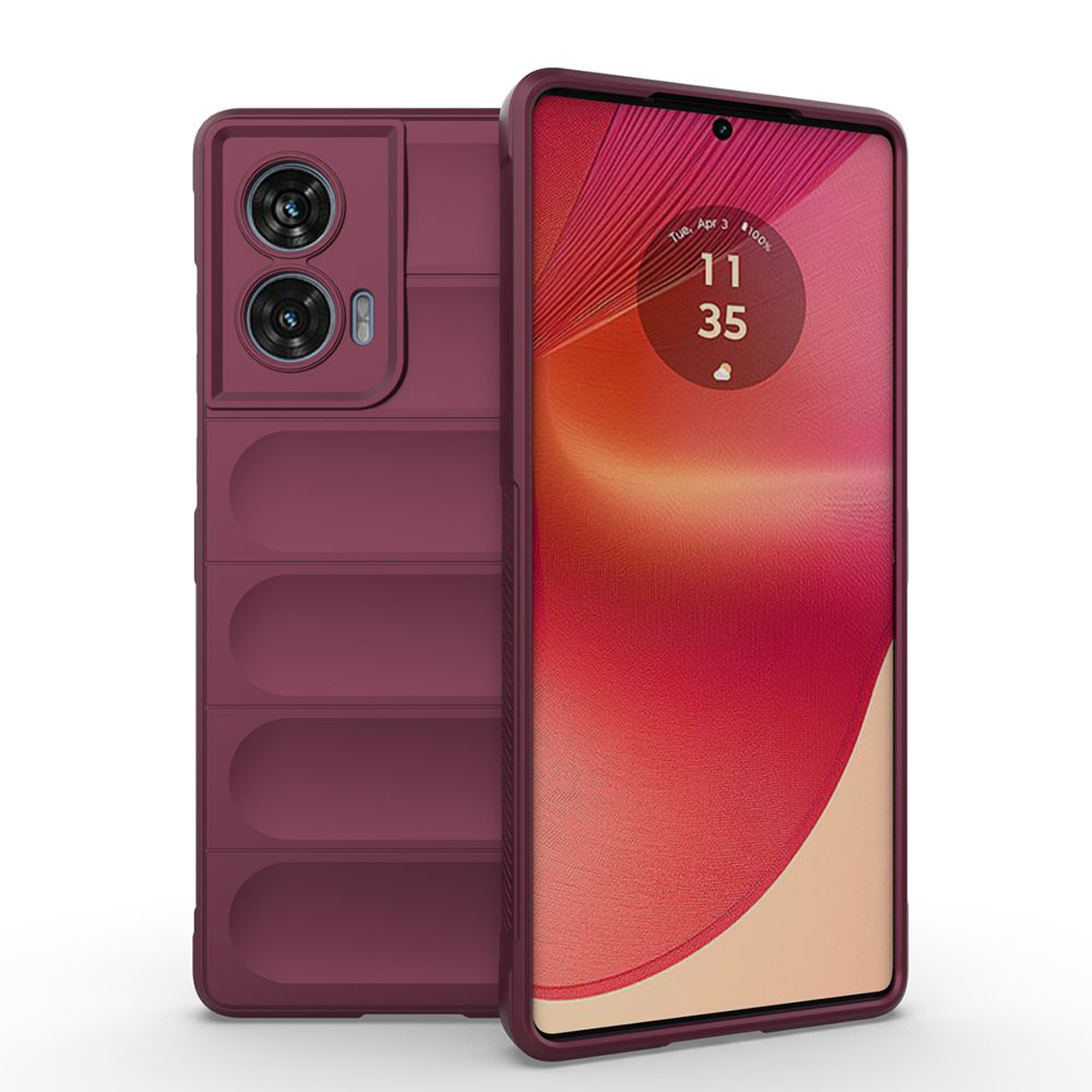 Coque de téléphone bordeaux avec dos texturé et découpe pour l'appareil photo. Le téléphone affiche l'heure et la date.