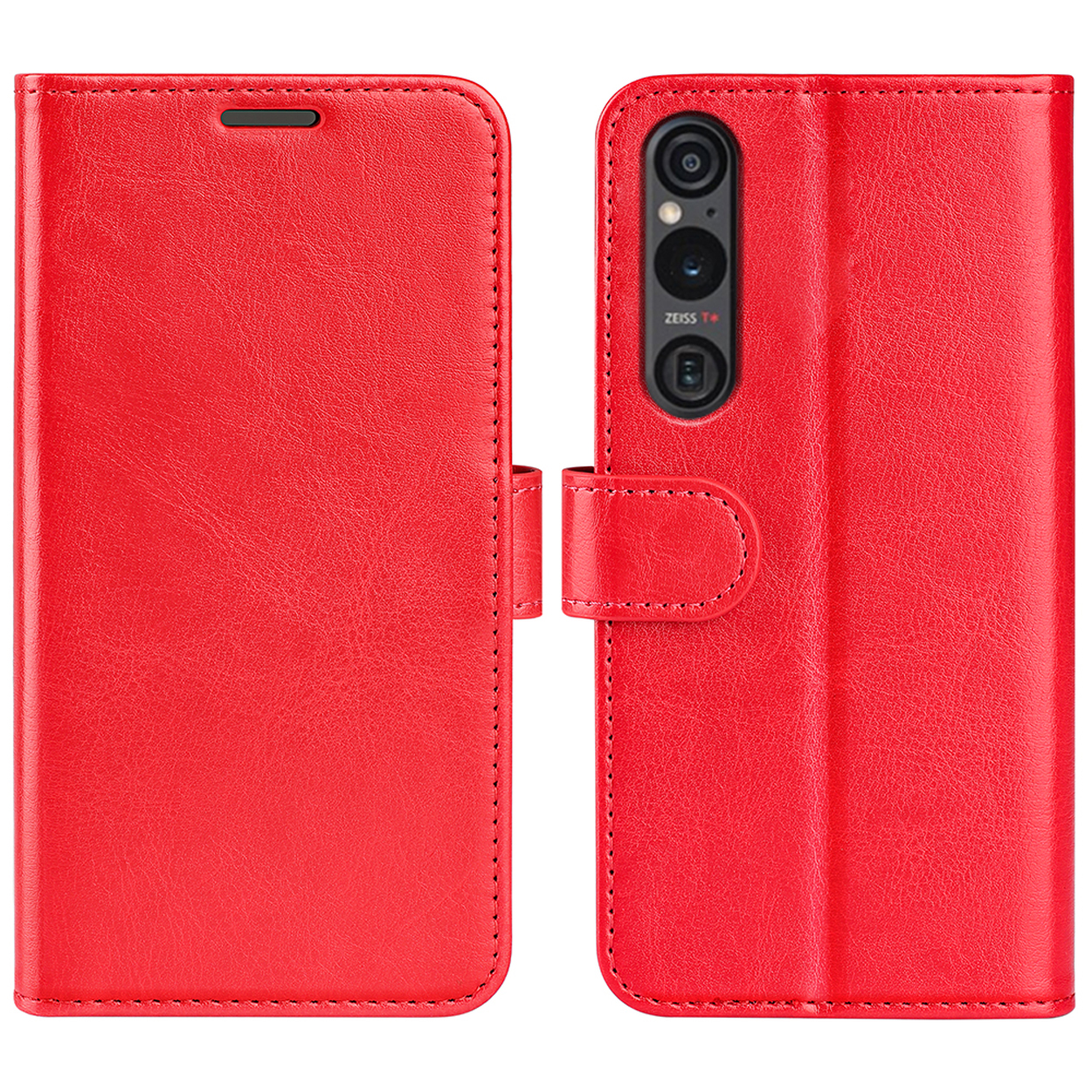 Rode telefoonhoes. De telefoonhoes is rood. Het scherm is zichtbaar, er zit een camera aan de achterkant.