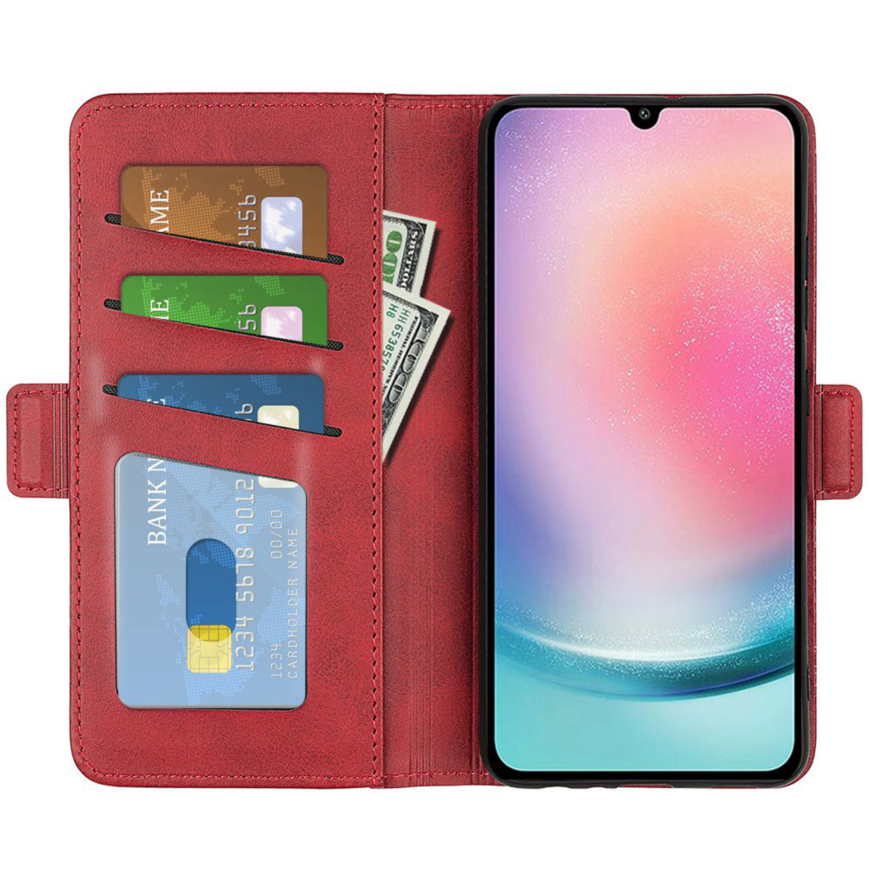 Étui de téléphone rouge ouvert, révélant un téléphone, des cartes de crédit et de l'argent. Le téléphone est à droite.