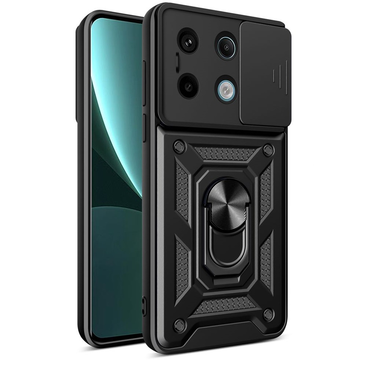 Zwarte telefoonhoes met camera en ringhouder op een telefoon. Een telefoon staat ernaast.