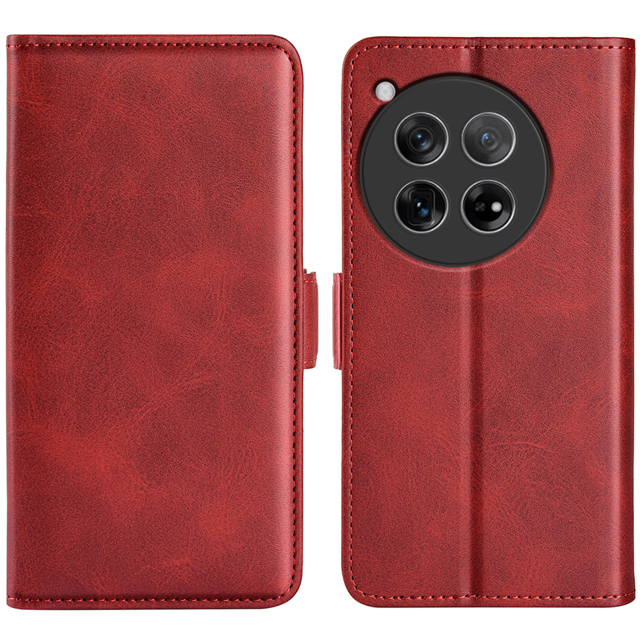 Rode leren telefoonhoes, open, met de telefoon met zichtbare camera's. Folio-stijl met magnetische sluiting.