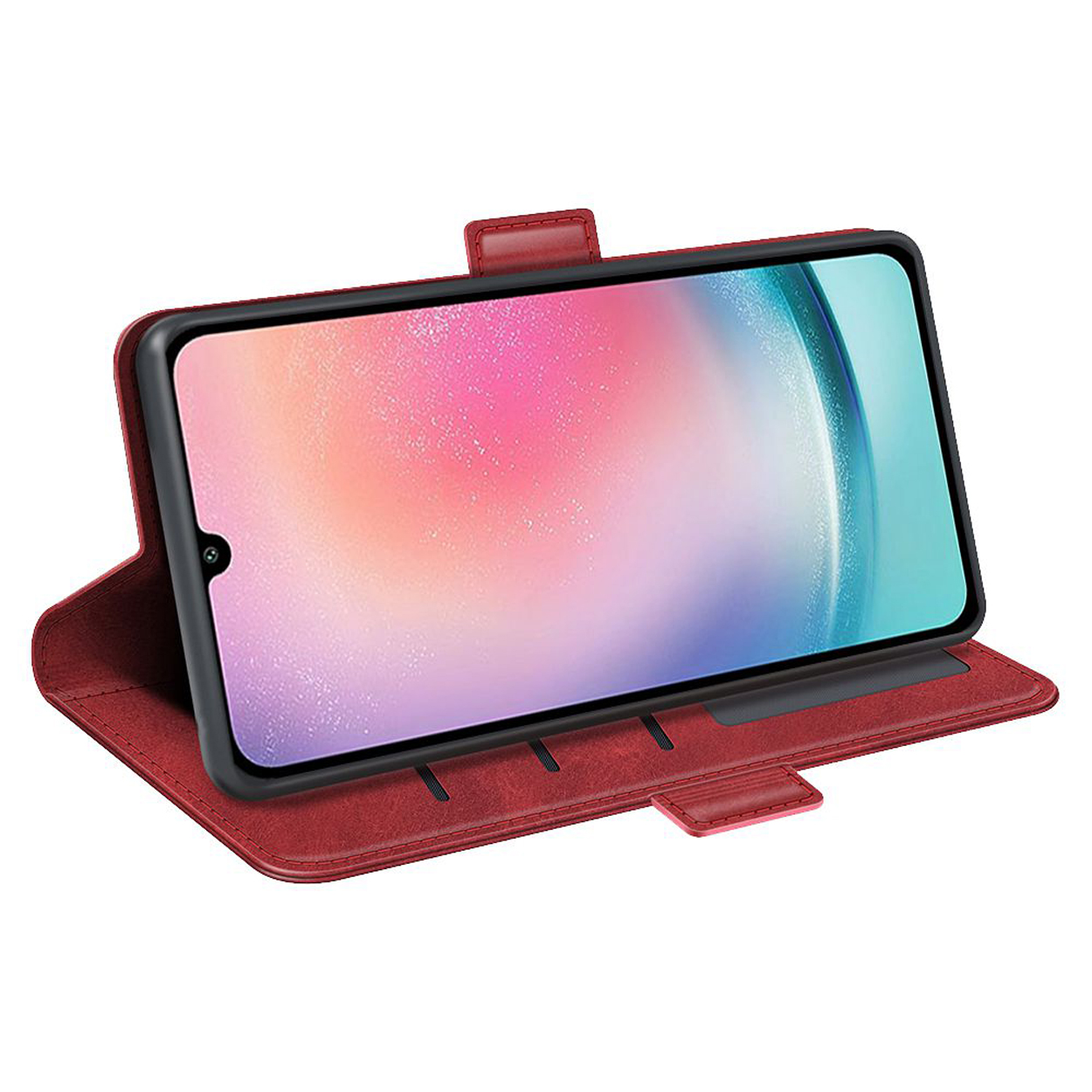 Étui de téléphone en cuir rouge, ouvert pour afficher le téléphone à l'intérieur. Le téléphone est sur fond blanc.