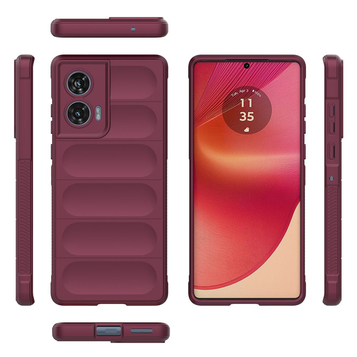 Coque de téléphone bordeaux. Téléphone dans l'étui. Vues sous différents angles.