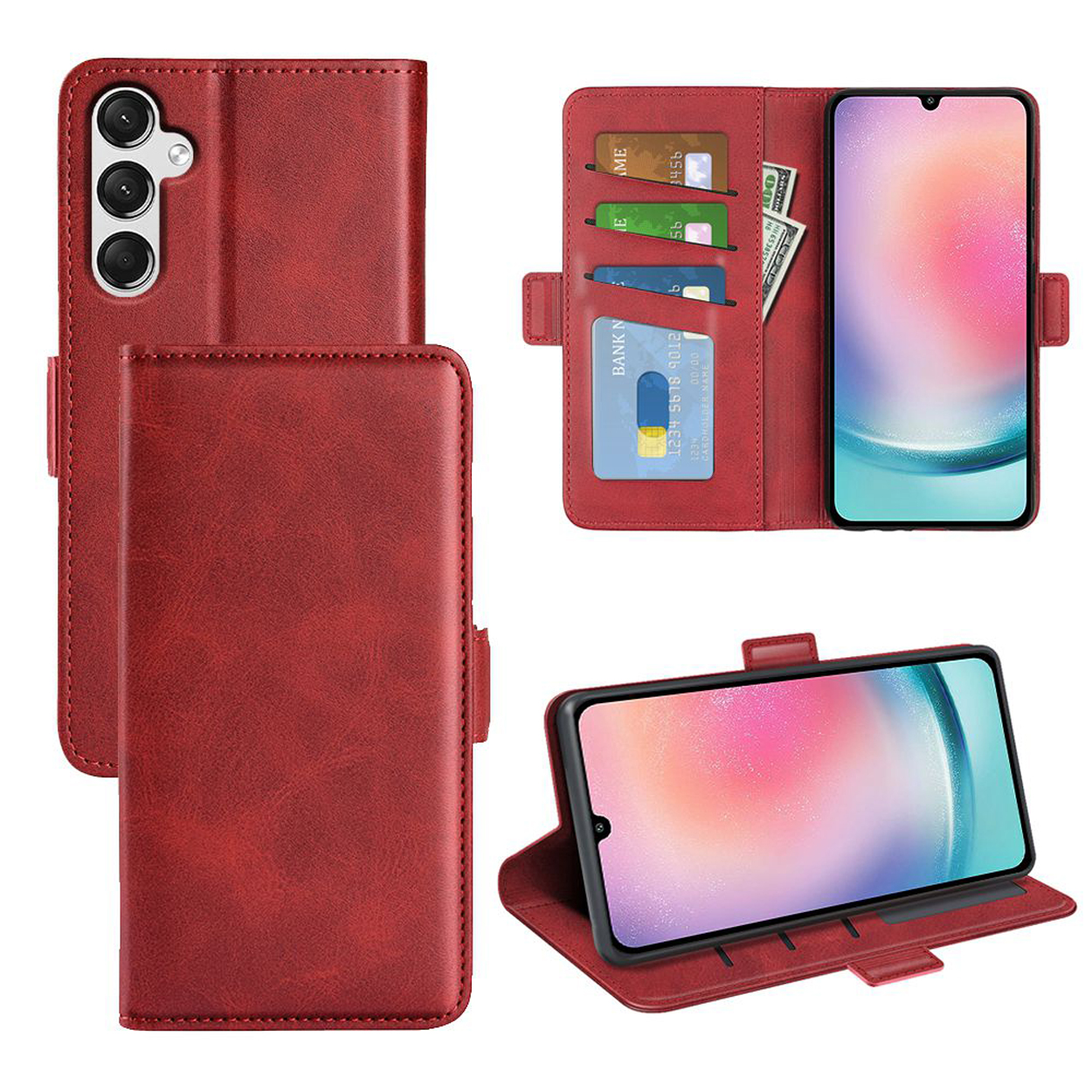 Un étui de téléphone rouge avec téléphone et cartes à l'intérieur. Le téléphone est également affiché en position verticale.