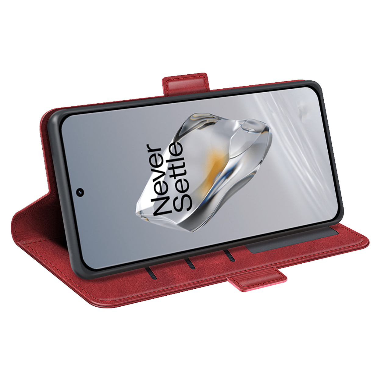 Een rode telefoonhoes met een telefoon erin met de tekst: Never Settle.