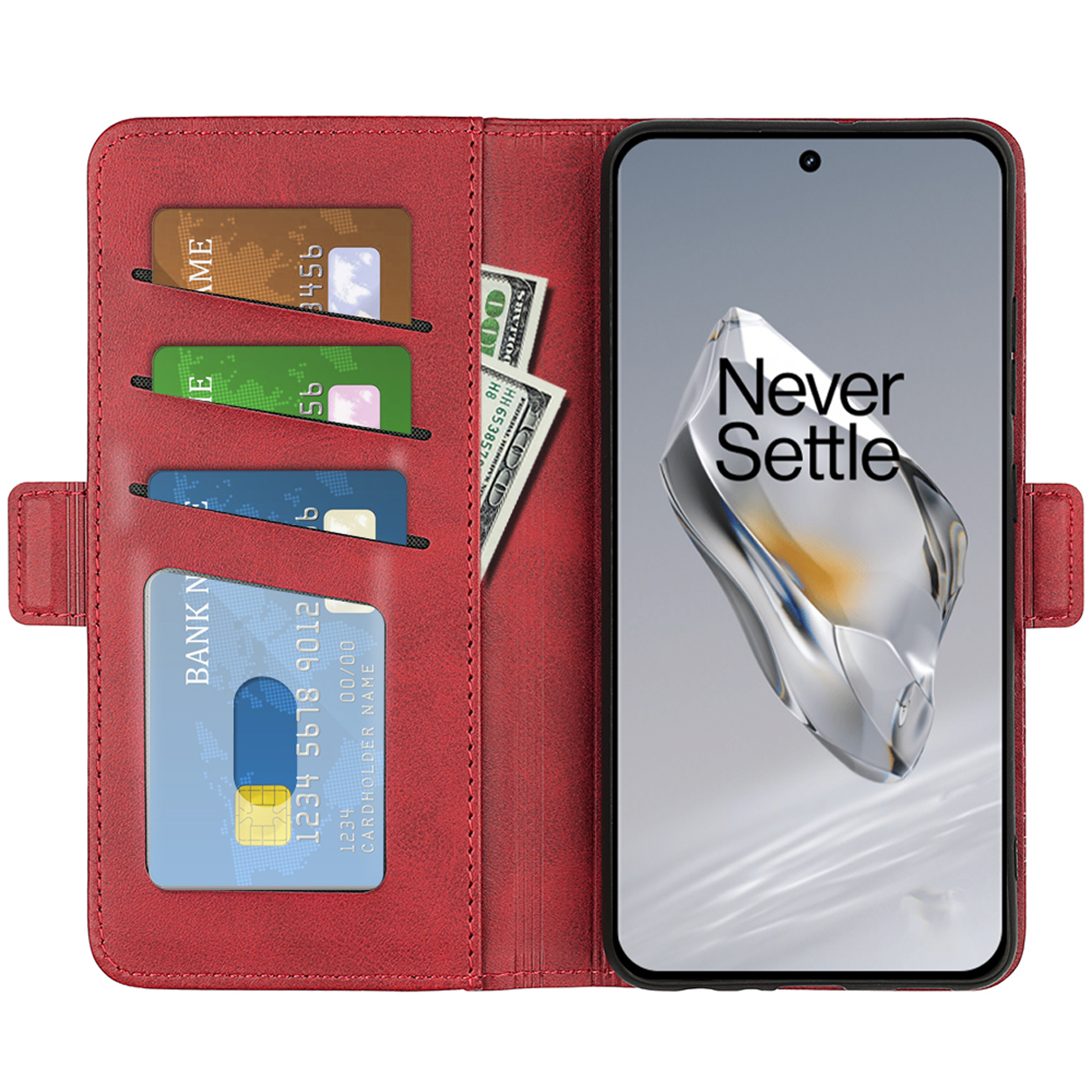 Rode telefoonhoes met kaartsleuven, geld en een telefoon. Toont het Never Settle logo op het scherm.