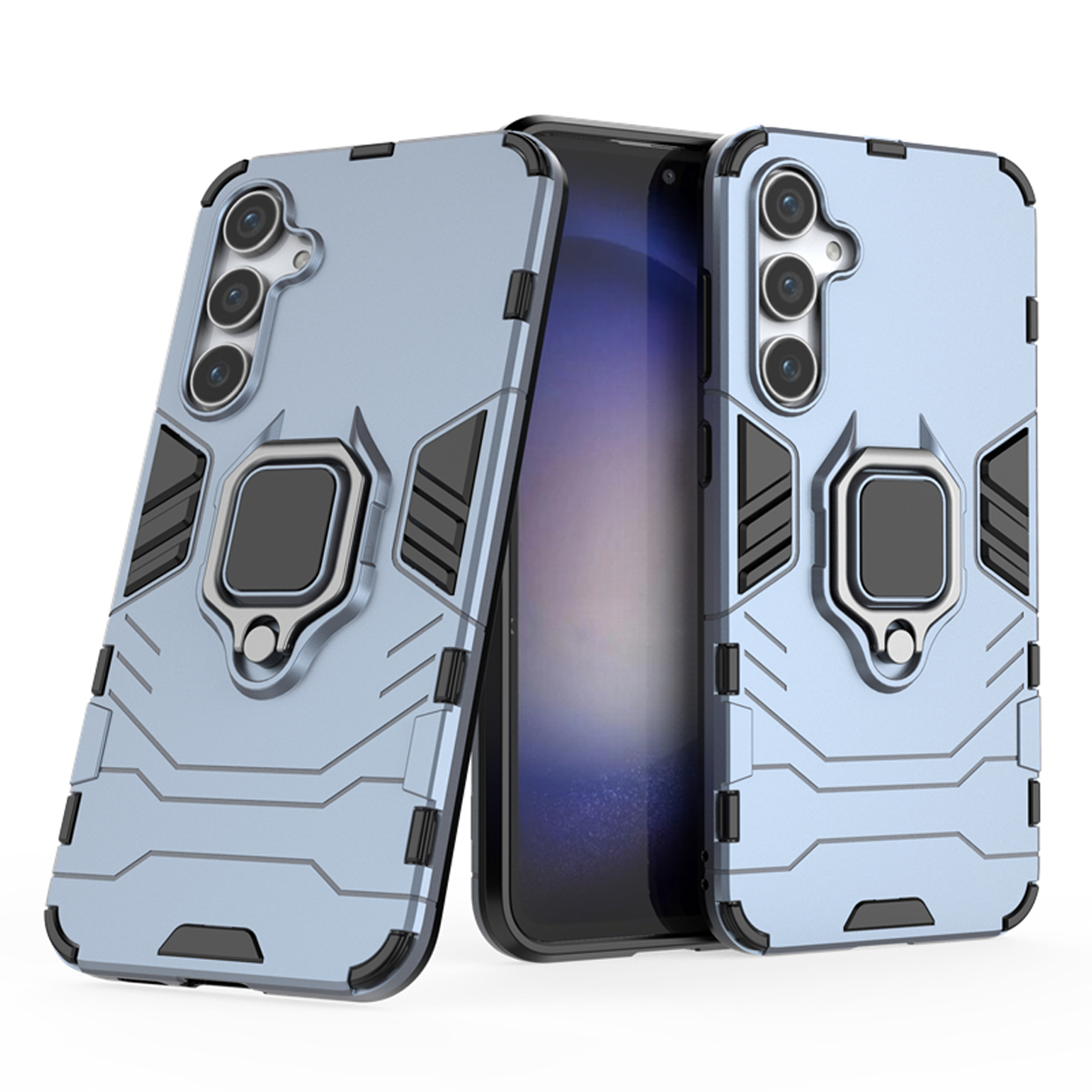 Lichtblauwe telefoonhoesjes met ringhouders. Eén hoes heeft een telefoon erin.