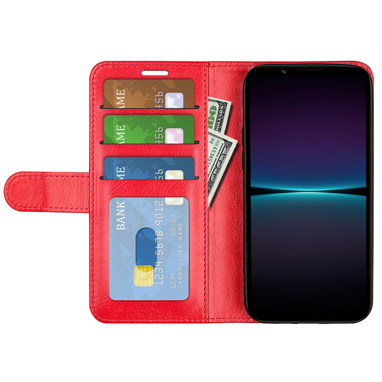 Rode telefoonhoes open met kaarten en geld, telefoon met donkerblauw scherm. Leren hoes.