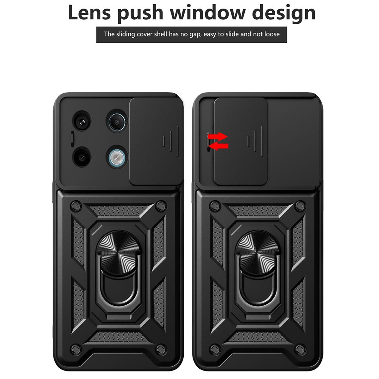 Twee zwarte telefoonhoesjes met een schuifbare cameraklep. De rode pijlen geven de schuif aan.