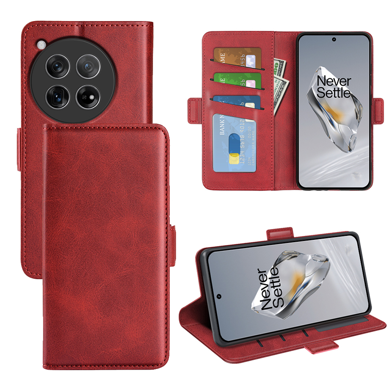 Rode leren telefoonhoes open, met een telefoon en kaartsleuven. Een telefoon staat links.