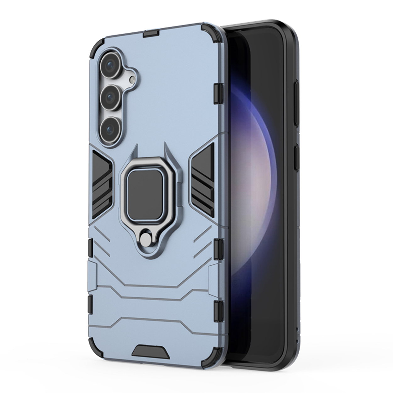 Lichtblauwe telefoonhoes met een telefoon erin. De hoes heeft een ringhouder en beschermend ontwerp met zwart frame.