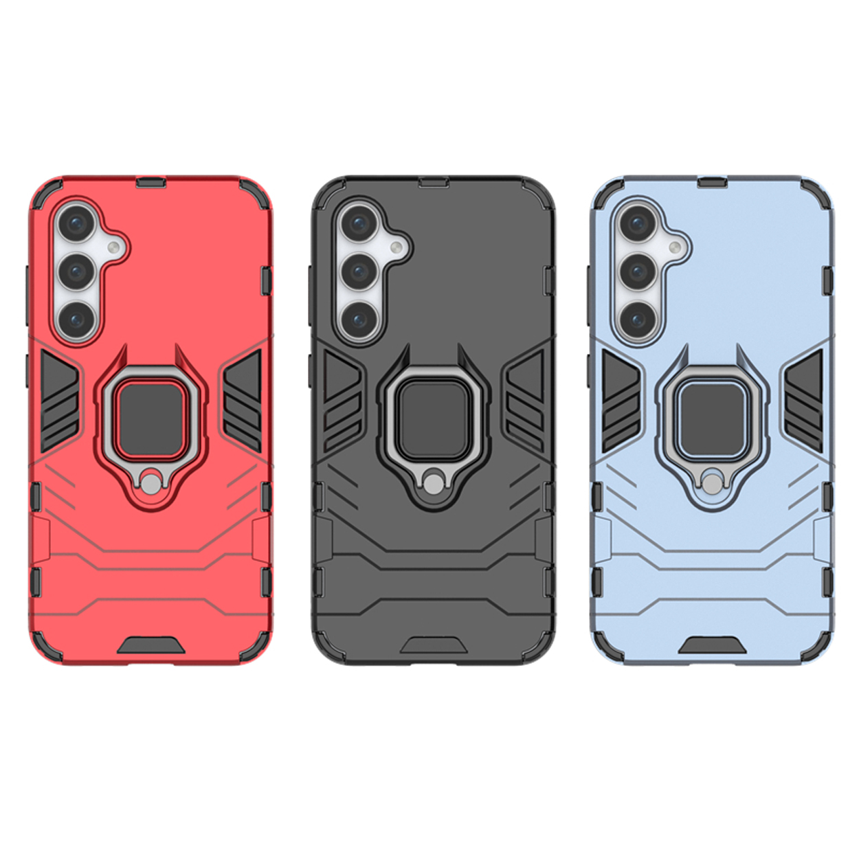 Drie telefoonhoesjes, rood, zwart en blauw, met ringhouders.