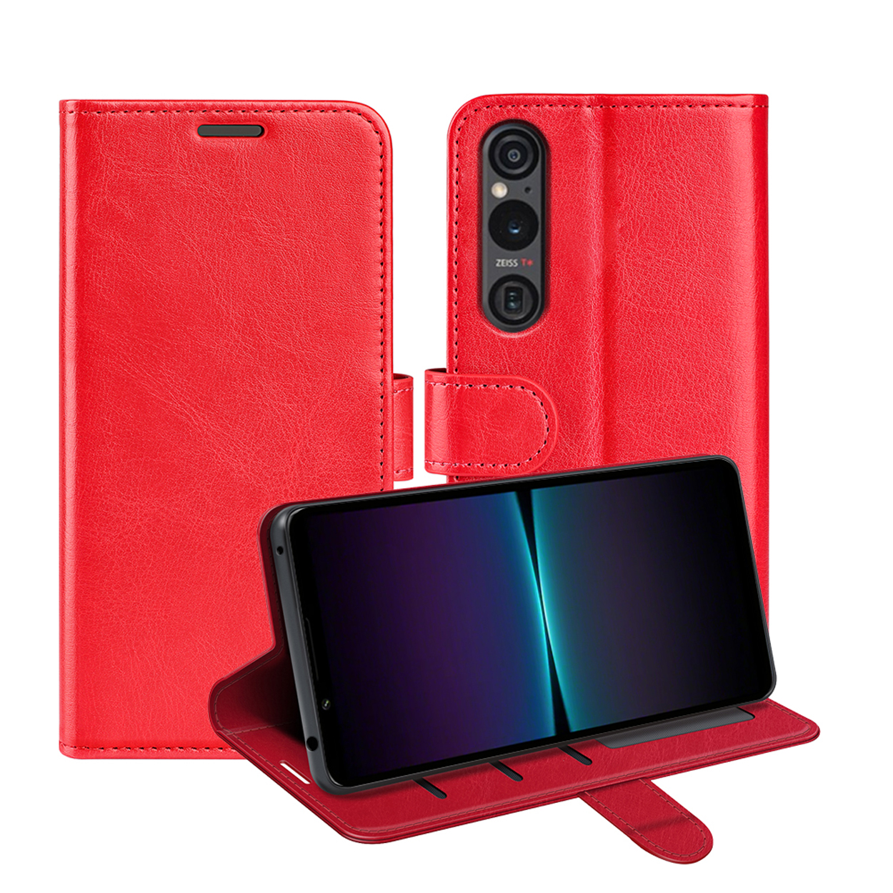 Rode telefoonhoes met een zwarte telefoon erin, open. De telefoon heeft een cameramodule aan de achterkant.
