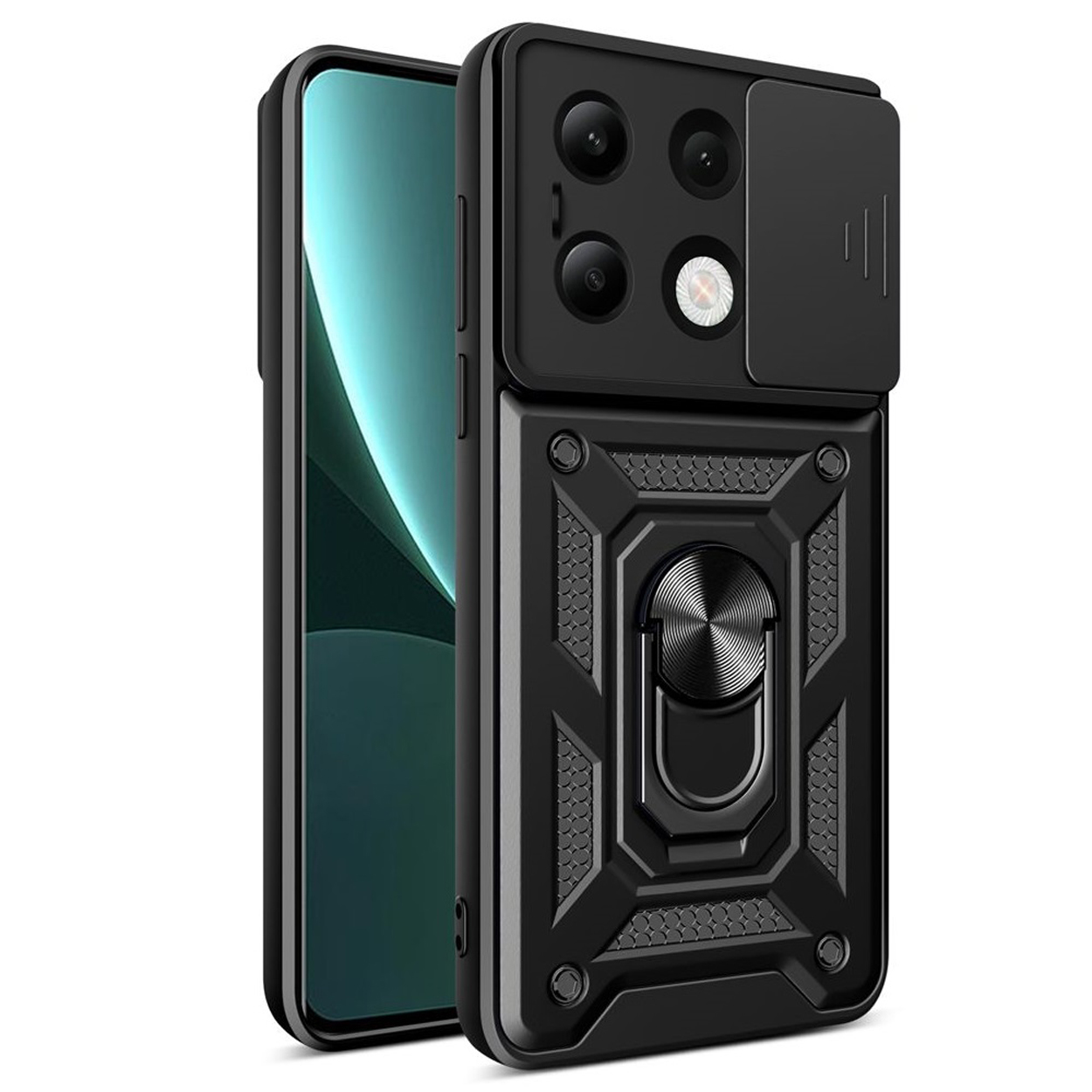 Coque de téléphone noire avec cache caméra, support d'anneau. Le téléphone est à gauche.