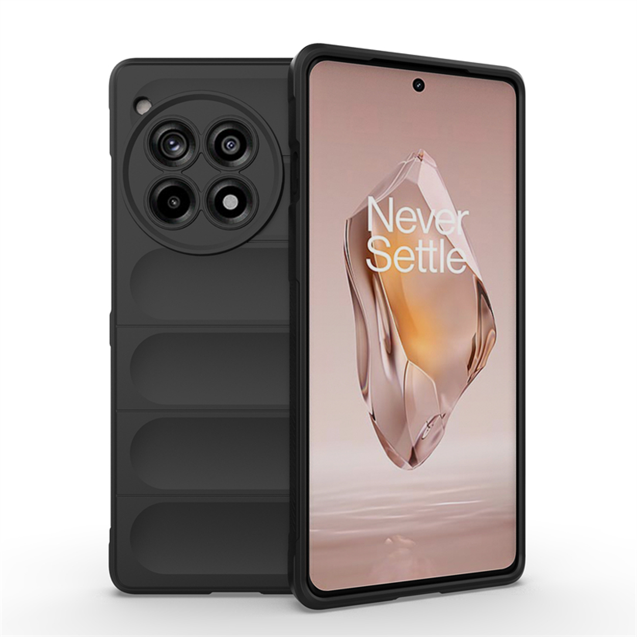 Zwarte telefoonhoes met telefoon. Telefoon heeft meerdere lenzen.