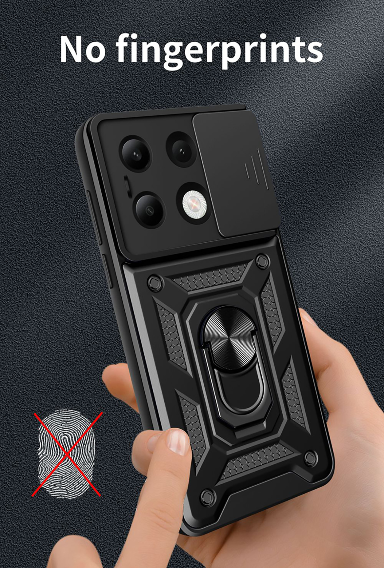 Zwarte telefoonhoes met een schuifbare cameralens. Een vinger raakt de hoes.