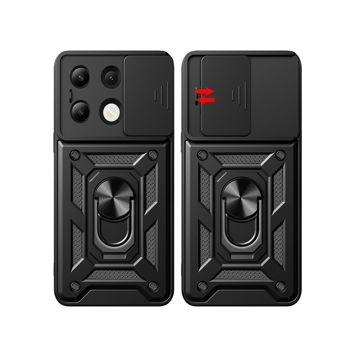 Zwarte telefoonhoes met cameraschuif die verschillende posities toont.
