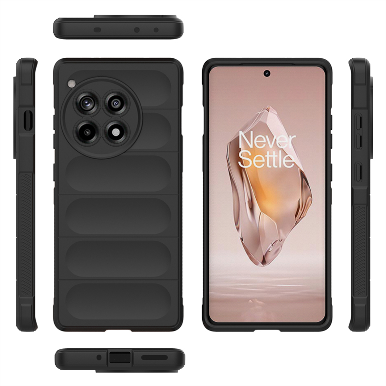 Zwarte telefoonhoes, meerdere aanzichten. Telefoon in de hoes. Hoes heeft een gestructureerd ontwerp.