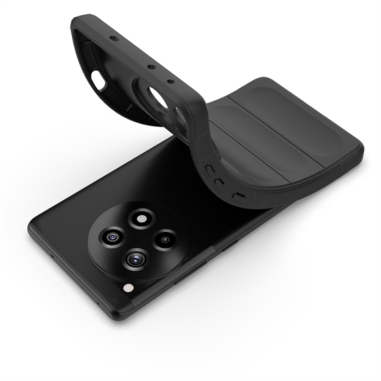 Zwarte telefoon met zwarte hoes, de hoes wordt geopend. De telefoon heeft meerdere camera's aan de achterkant. De hoes is een cover.