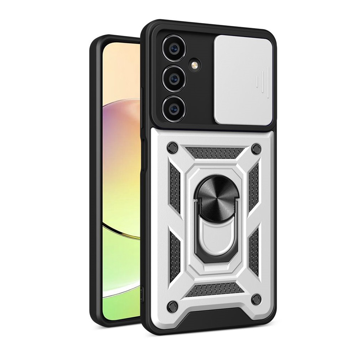 Telefoonhoes, zwart en wit, met cameralensafdekking en ringhouder.
