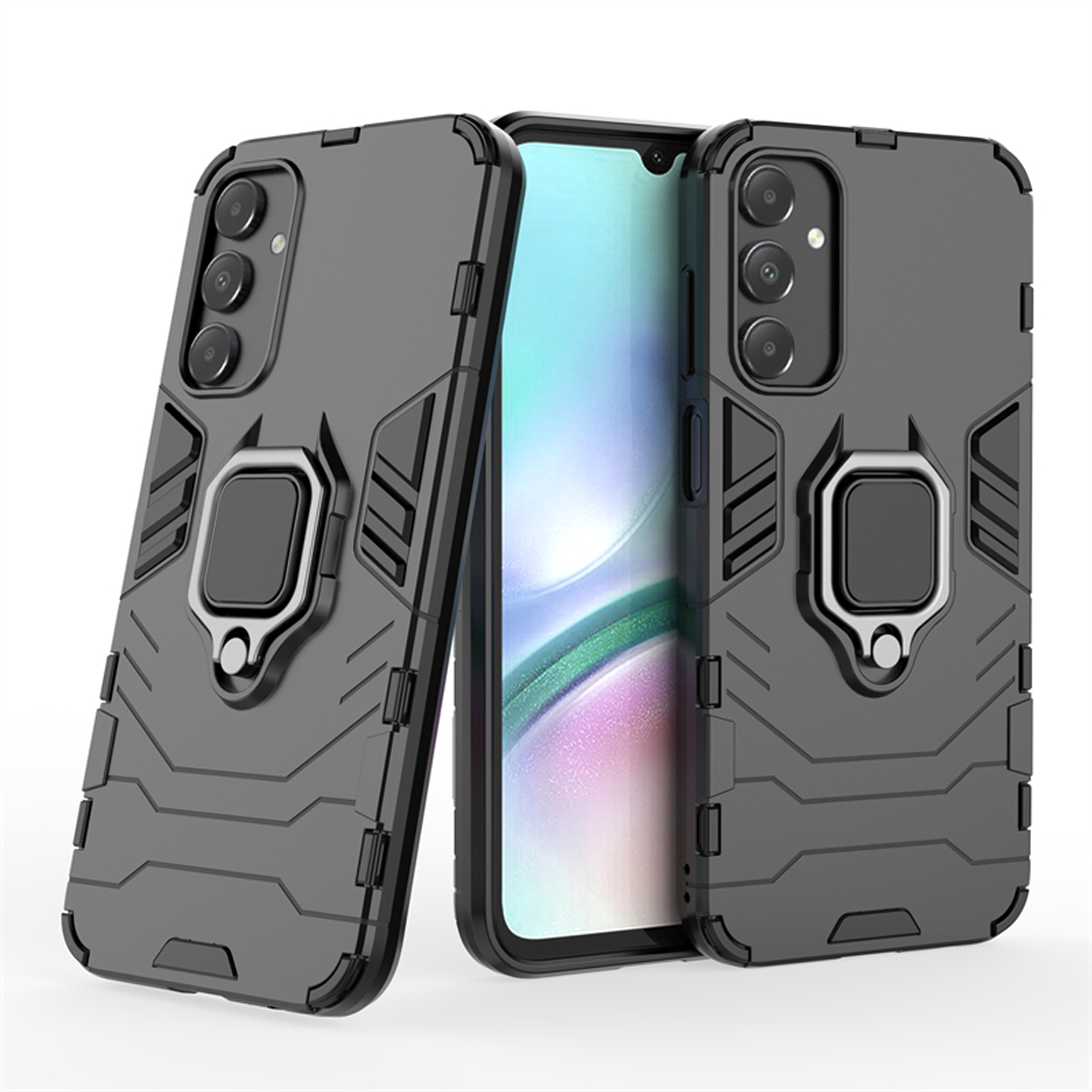 Twee zwarte telefoonhoesjes met ringhouders, een is schuin naar de zijkant, beide liggen op een wit oppervlak.