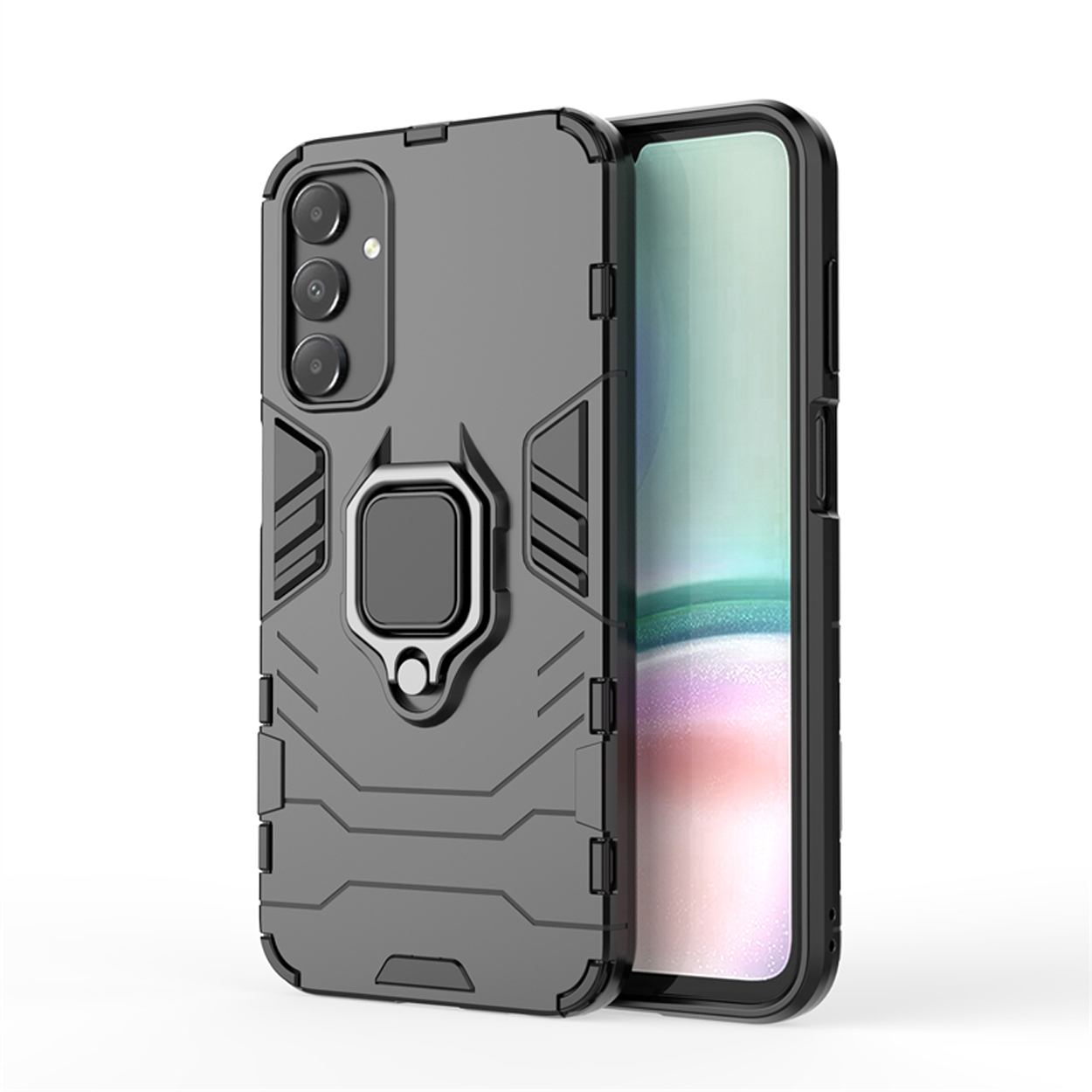 Grijze telefoonhoes met ringhouder, toont telefoon. Hoes heeft een robuust ontwerp. De telefoon is zwart.