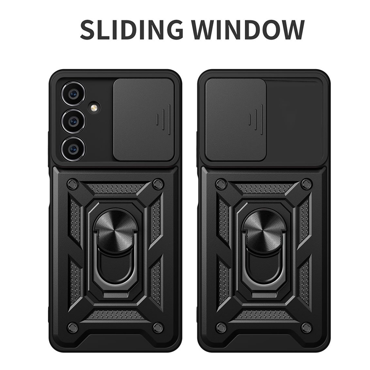 Twee zwarte telefoonhoesjes met schuivende cameralensafdekkingen en ringhouders.
