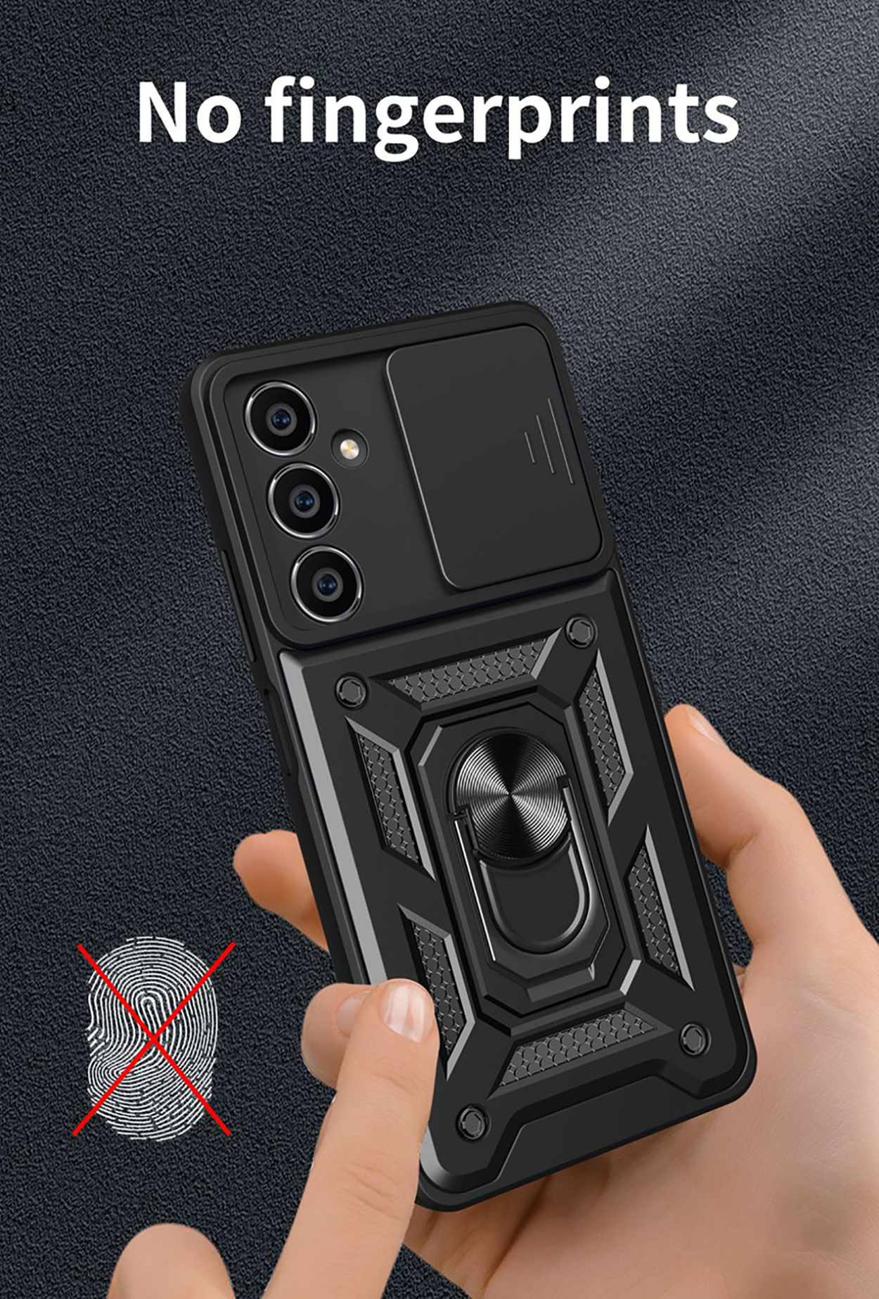Een hand houdt een zwart telefoonhoesje vast met een schuifbare cameraklep. Vingerafdruksymbool doorgestreept.