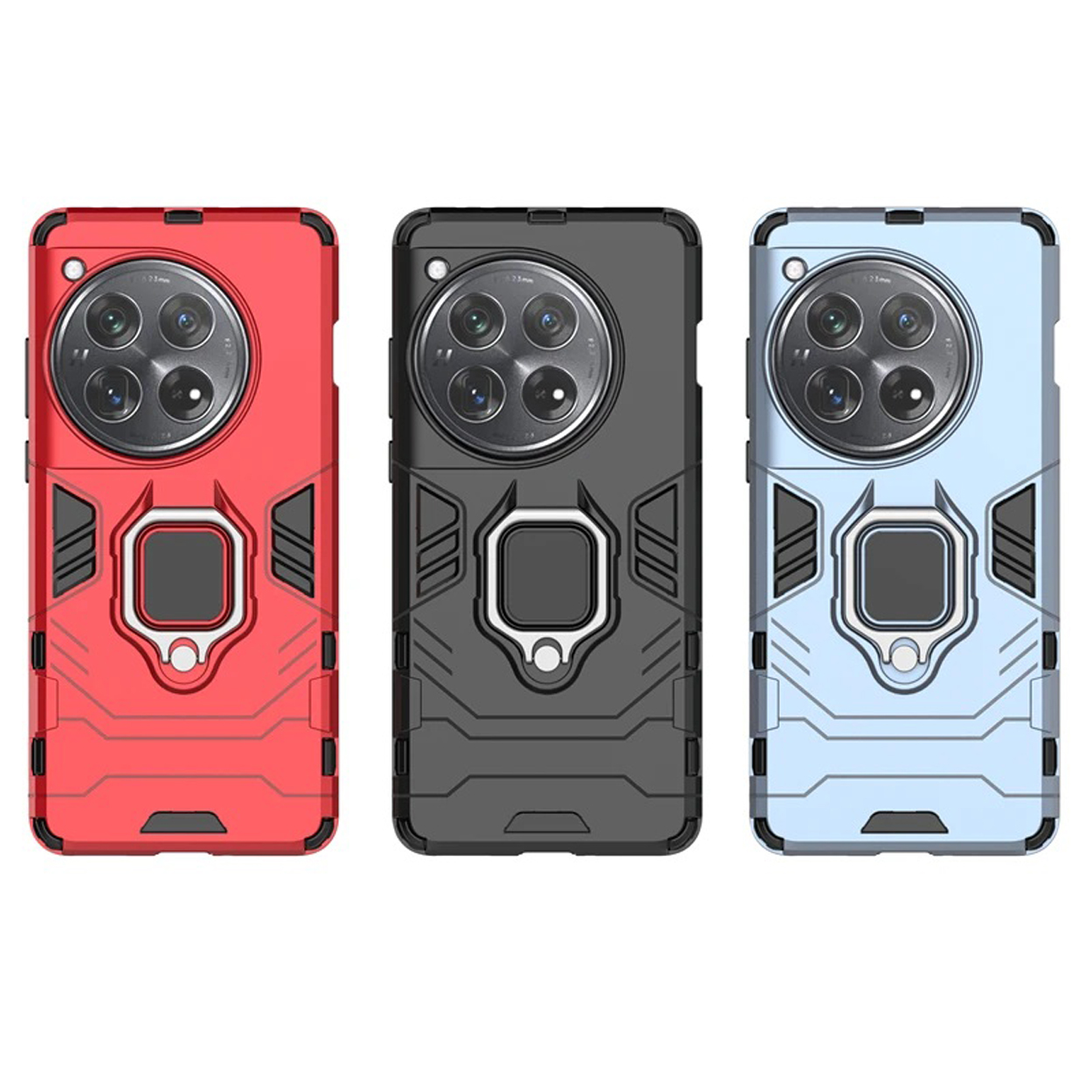 Drie telefoonhoesjes. Rode, zwarte en blauwe hoesjes. Alle drie de hoesjes hebben ringhouders en een vergelijkbaar ontwerp.